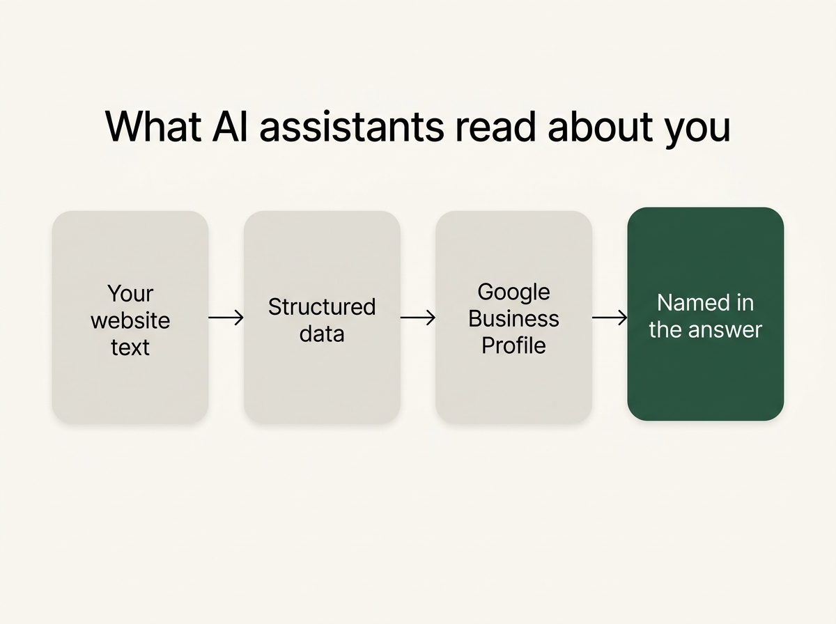 What AI assistants read when recommending restaurants: structured data, crawlable menu text, Google Business Profile, and consistent details across the web