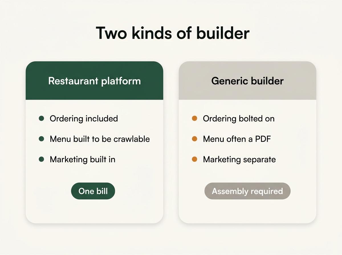 Restaurant-specific platforms include ordering and marketing; generic website builders leave you to bolt them on