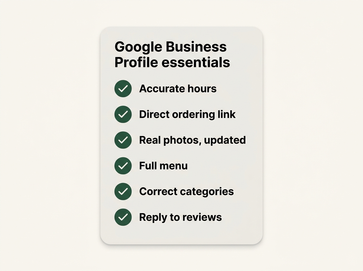 Google Business Profile essentials: accurate hours, ordering link, real photos, menu, categories, and review replies