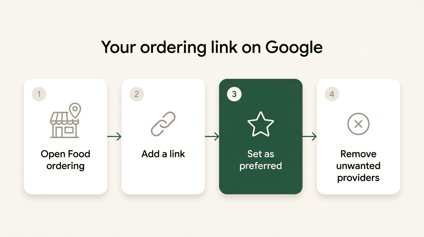 Four steps to put your own ordering link on Google: open Food ordering, add your link, set it as preferred, remove providers you don't want