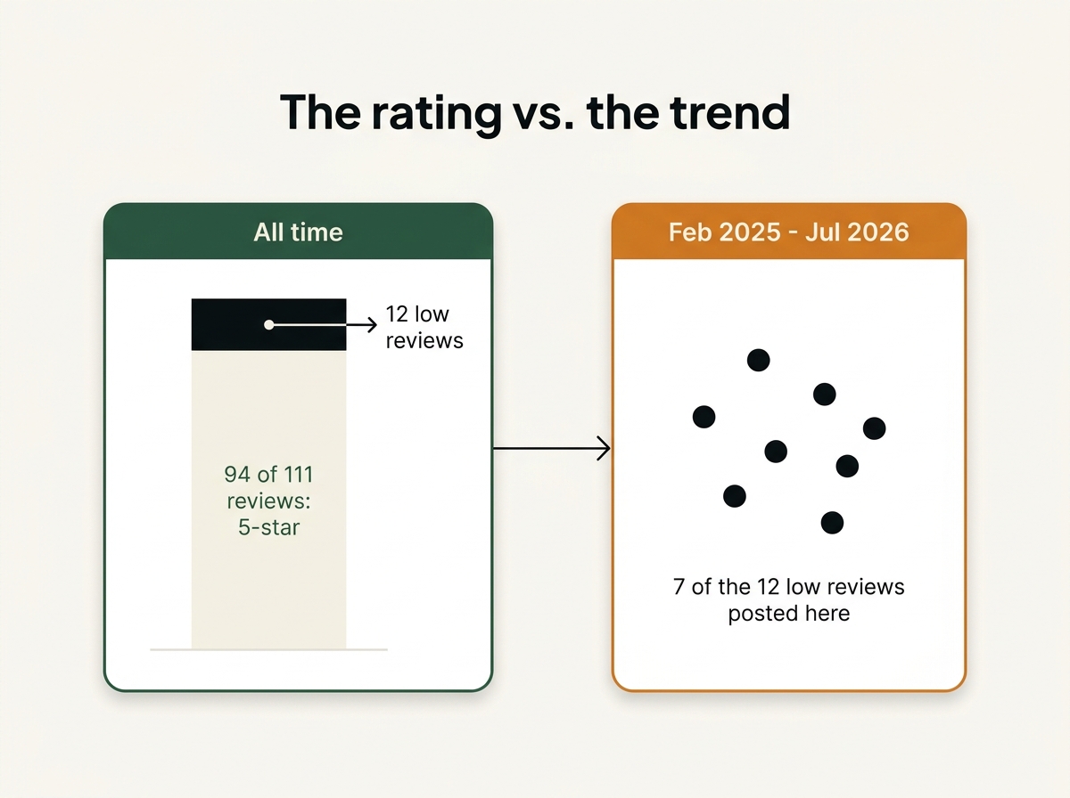 Owner.com's rating vs its trend: 94 of 111 reviews are 5-star, but 7 of the 12 low reviews were posted between February 2025 and July 2026
