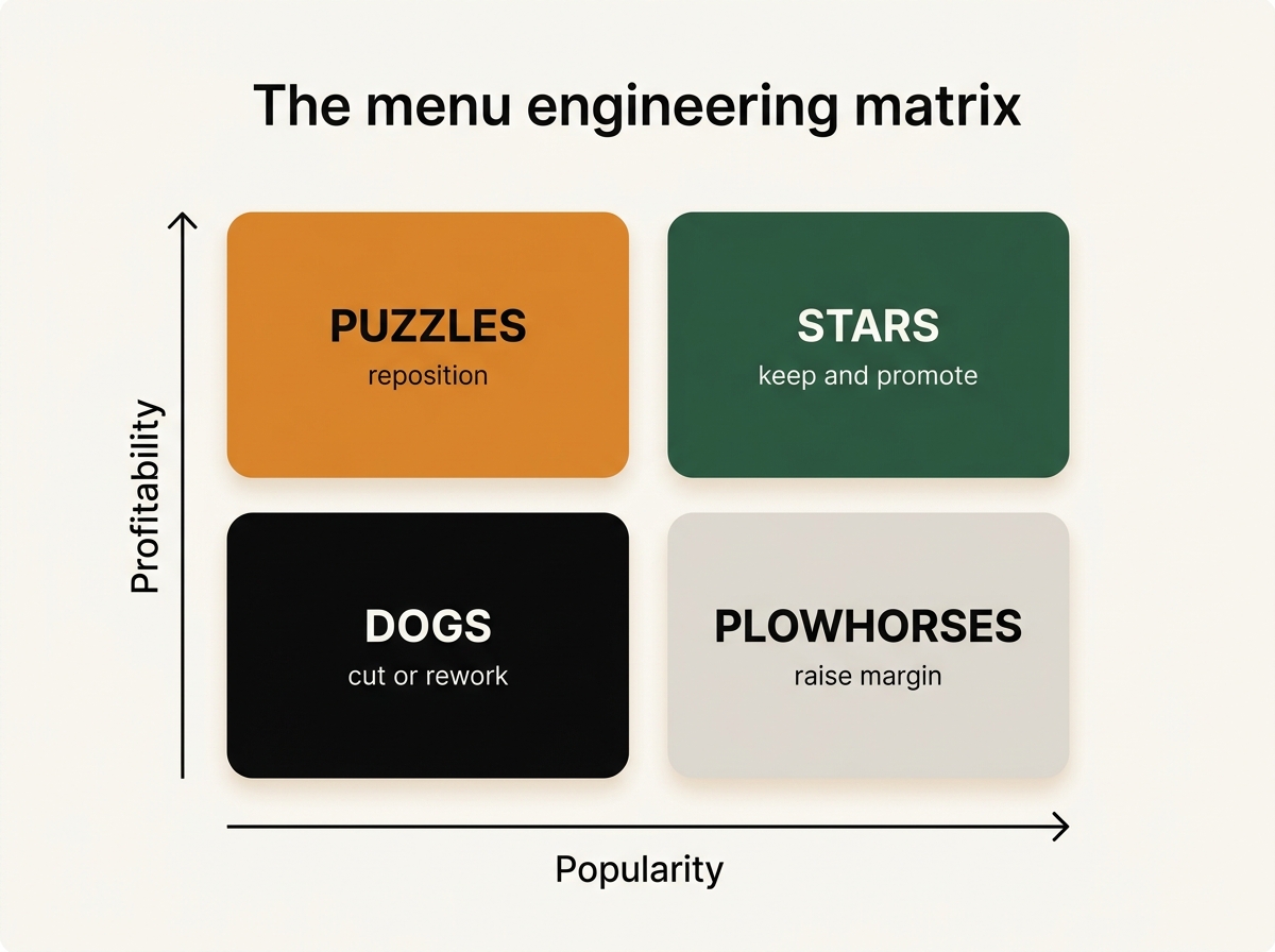 Menu engineering matrix: Stars are high popularity and high profit, Puzzles high profit low popularity, Plowhorses low profit high popularity, Dogs low on both