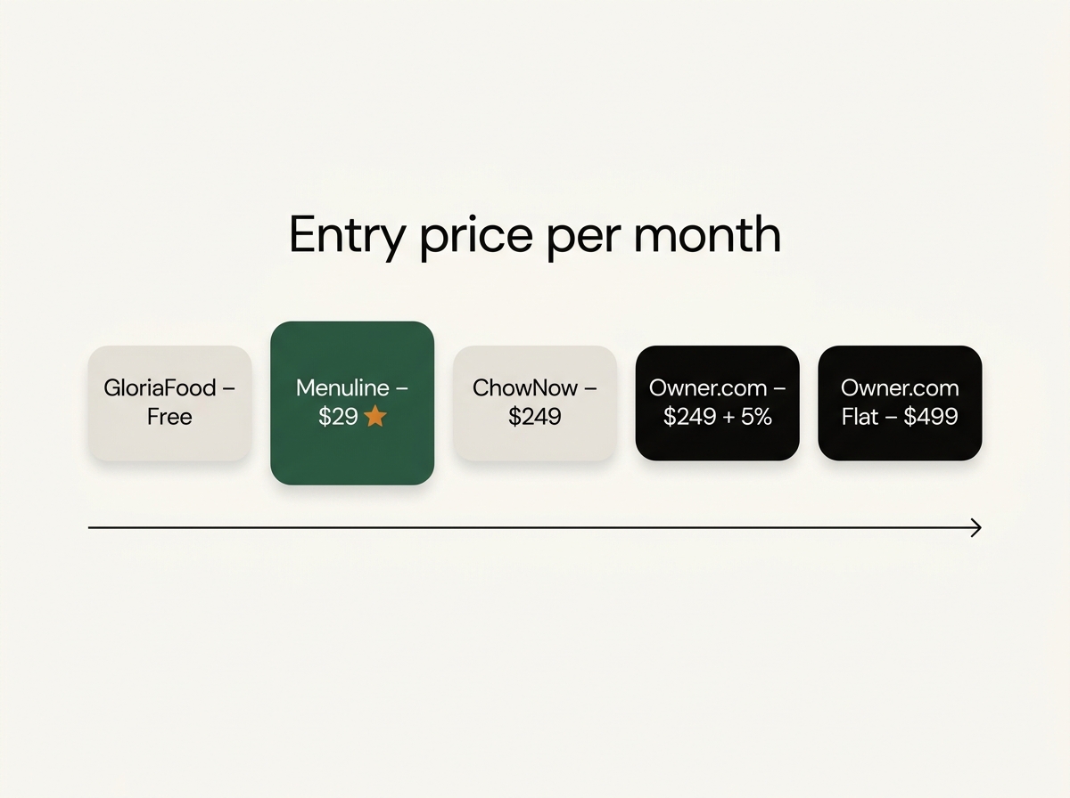 Entry price ladder: GloriaFood free, Menuline $29, ChowNow $249, Owner.com $249 + 5%, Owner.com Flat $499
