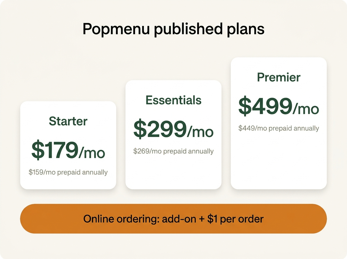 Popmenu's published plans: Starter $179, Essentials $299, Premier $499 per month billed monthly, or $159, $269, $449 prepaid annually