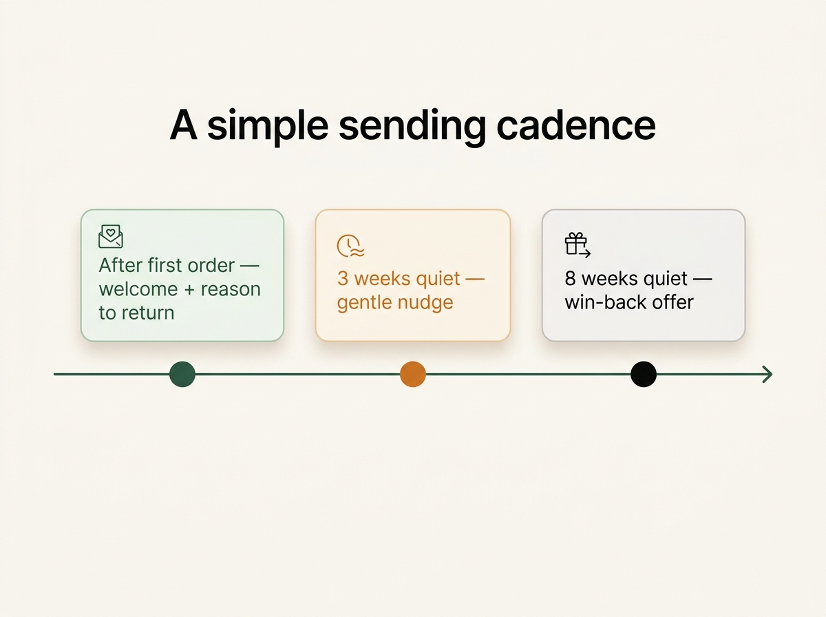 Restaurant messaging cadence: welcome offer after the first order, a nudge at three weeks quiet, and a win-back at eight weeks