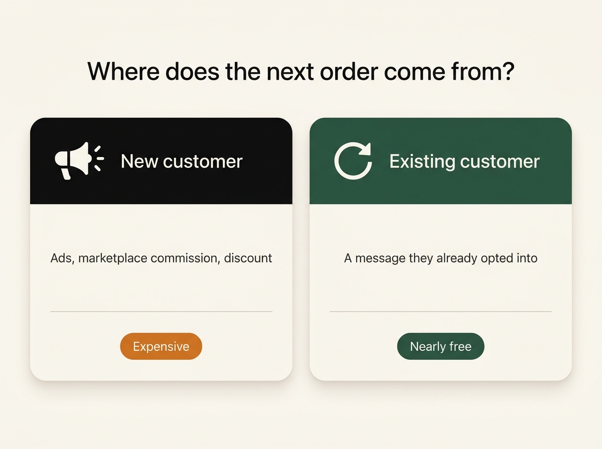 Winning back an existing customer costs far less than acquiring a new one through ads or marketplace commissions