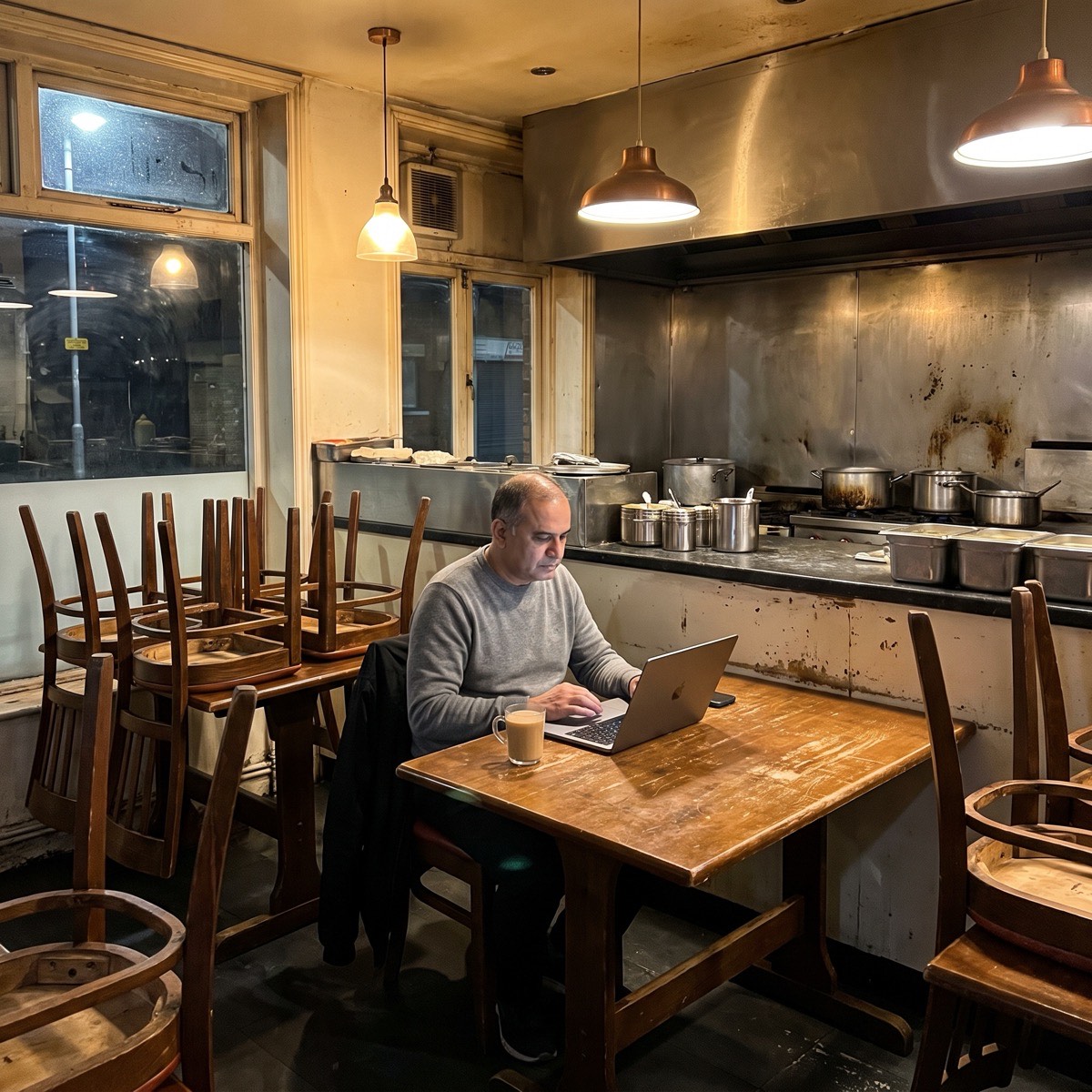 A restaurant owner at a table after closing, working on a laptop with a cup of chai