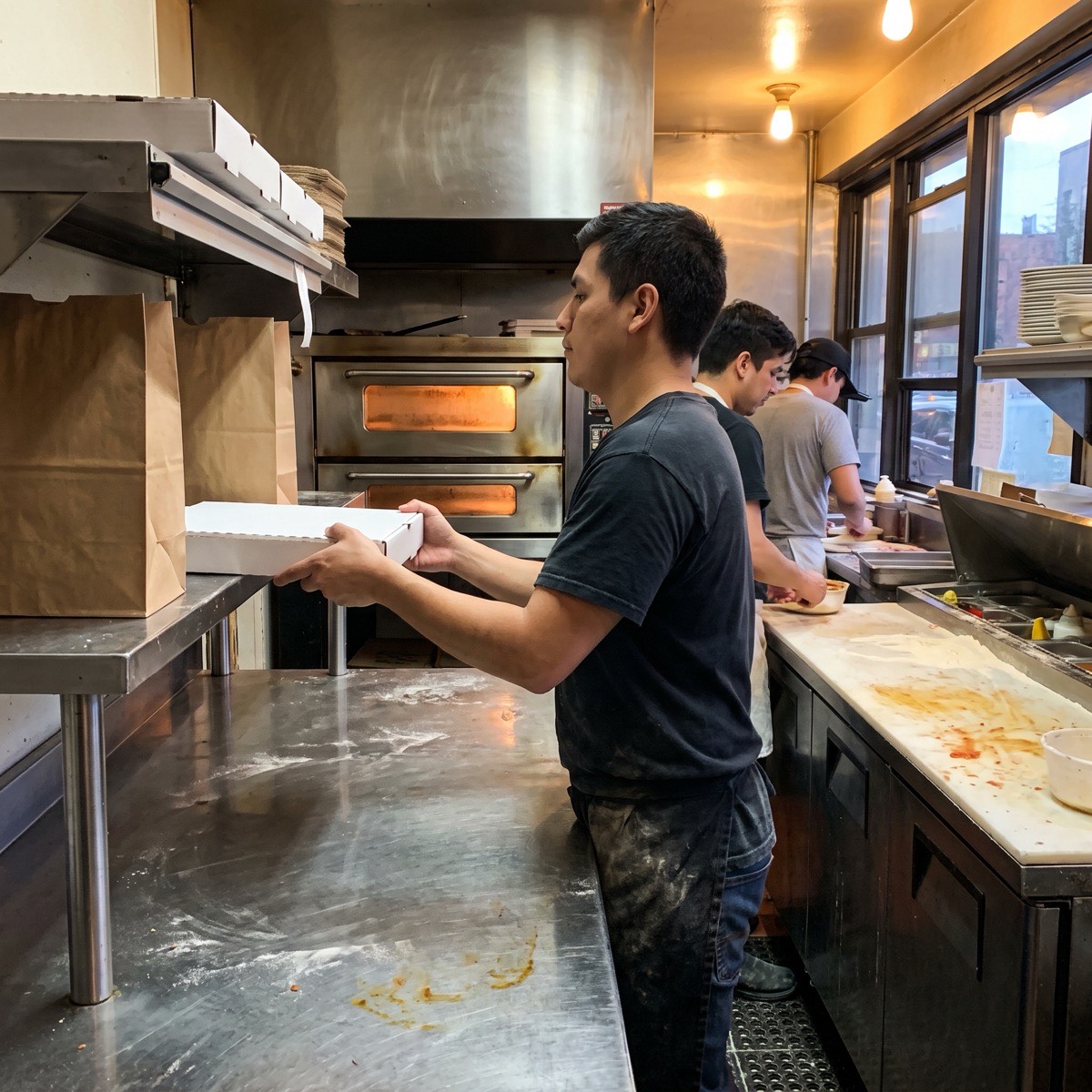 A cook in a small pizza shop placing a pizza box on the pickup shelf next to bagged takeout orders
