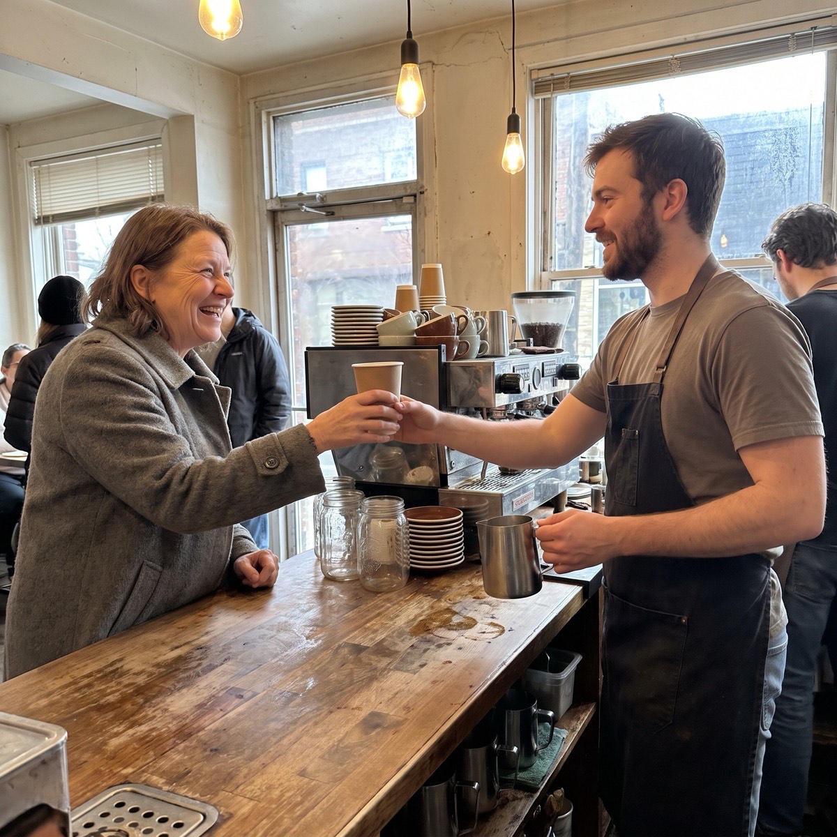 A regular customer laughing with the barista as she picks up her coffee at a neighborhood cafe
