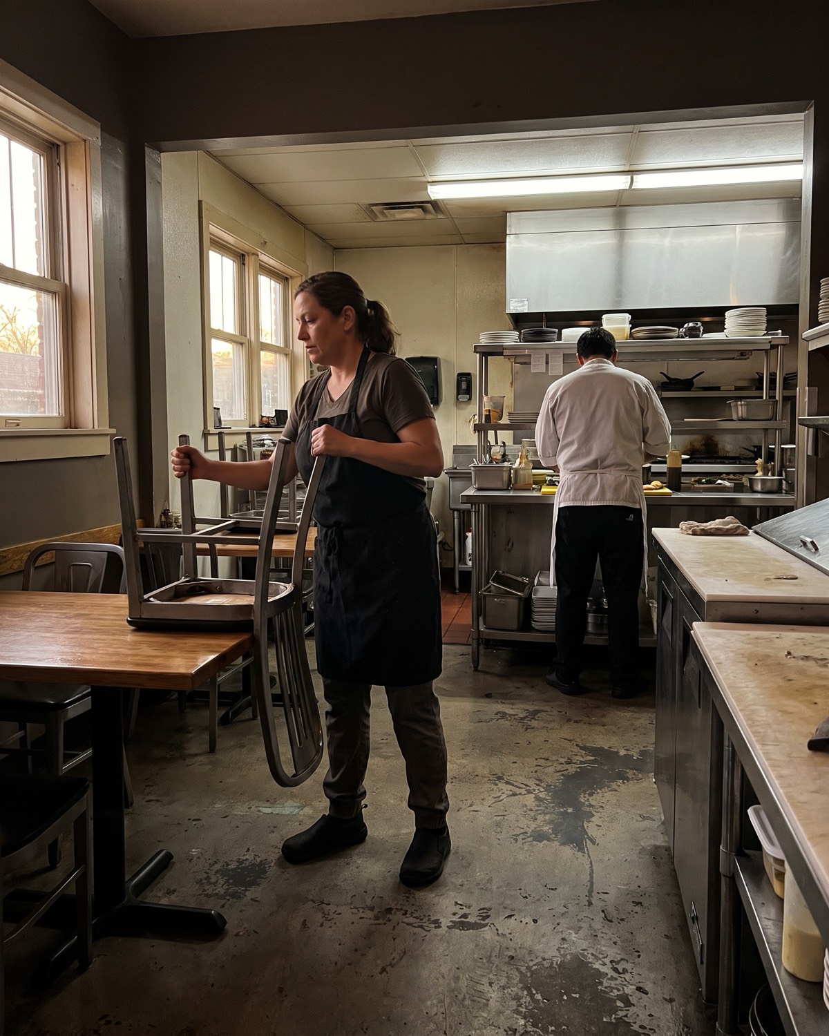 A restaurant owner sets up chairs in the dining room of a small neighborhood restaurant before service