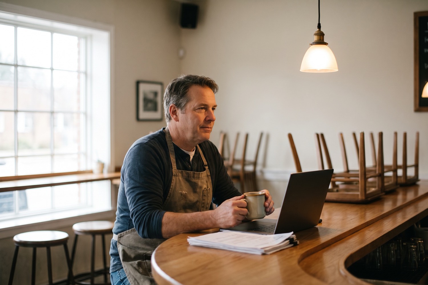 A restaurant owner at the bar after closing with a laptop and a coffee, chairs stacked on the tables behind
