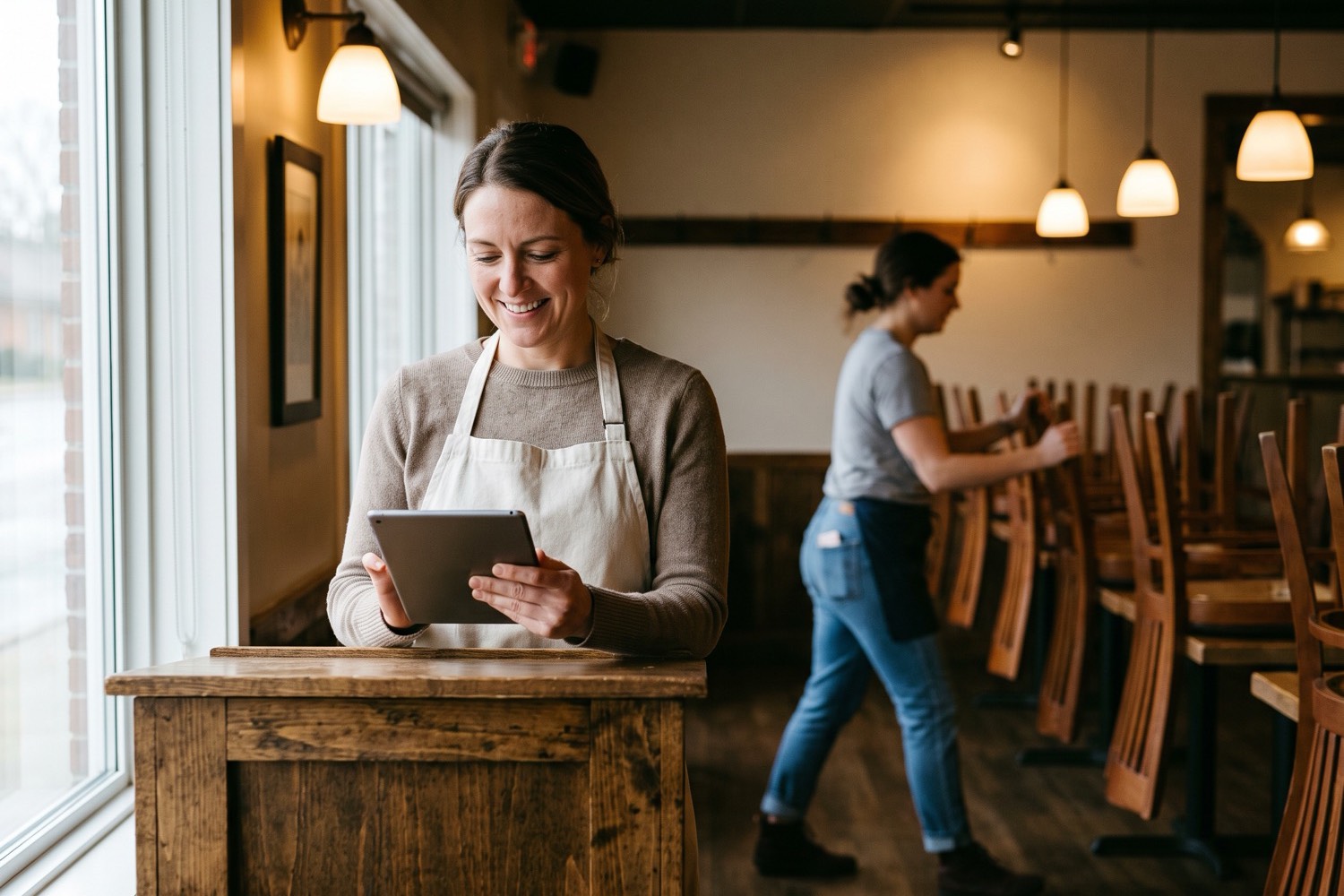 A restaurant manager checking a tablet at the host stand while a staff member sets chairs down before opening