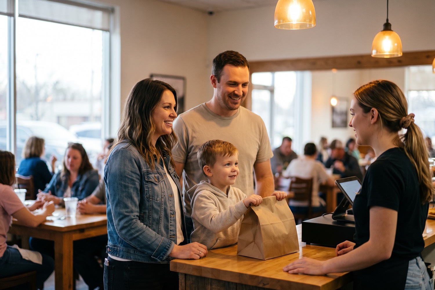 A family picking up a takeout order at a restaurant counter, the child proudly holding the paper bag