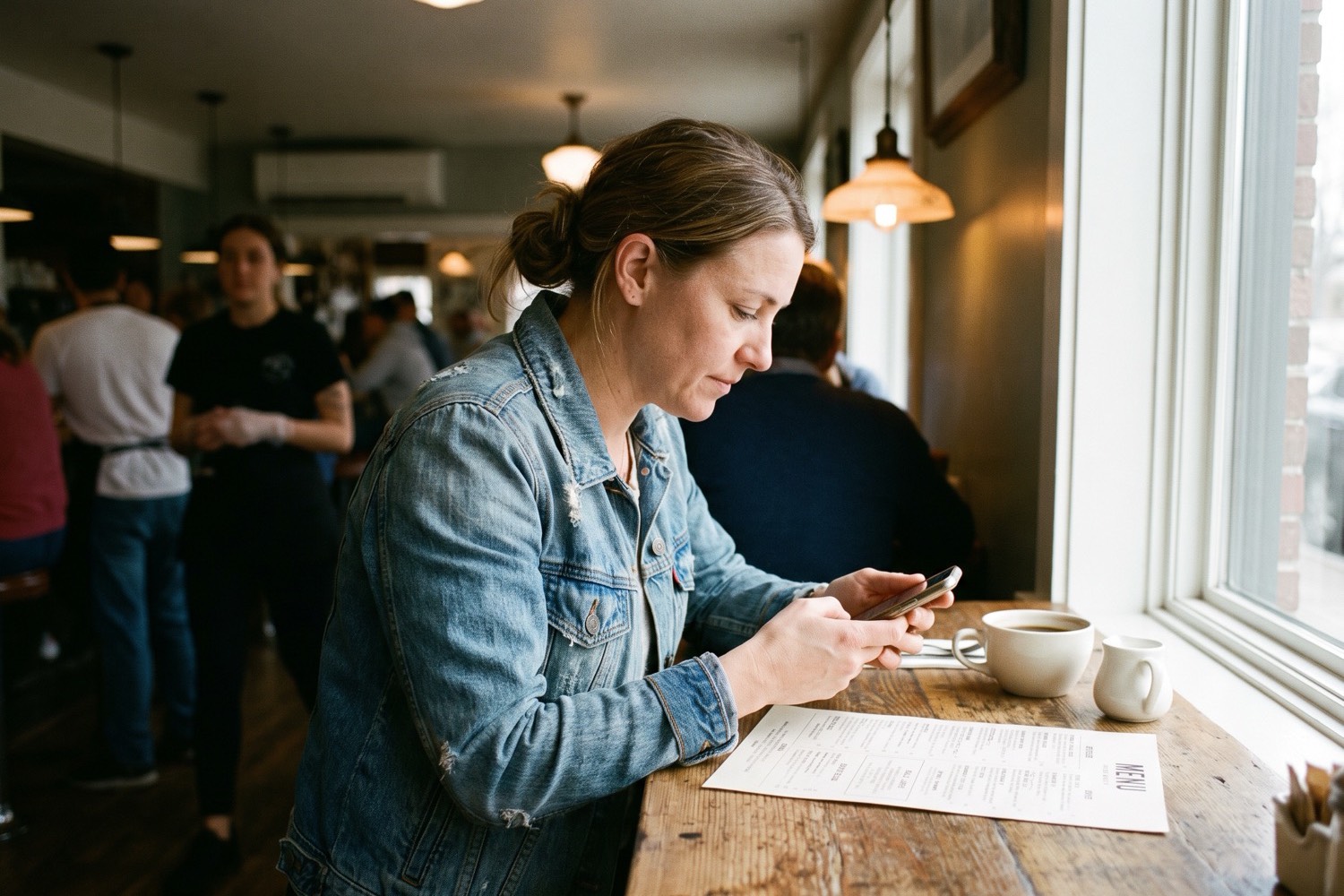 A restaurant owner at an empty table before service photographing her printed menu with her phone