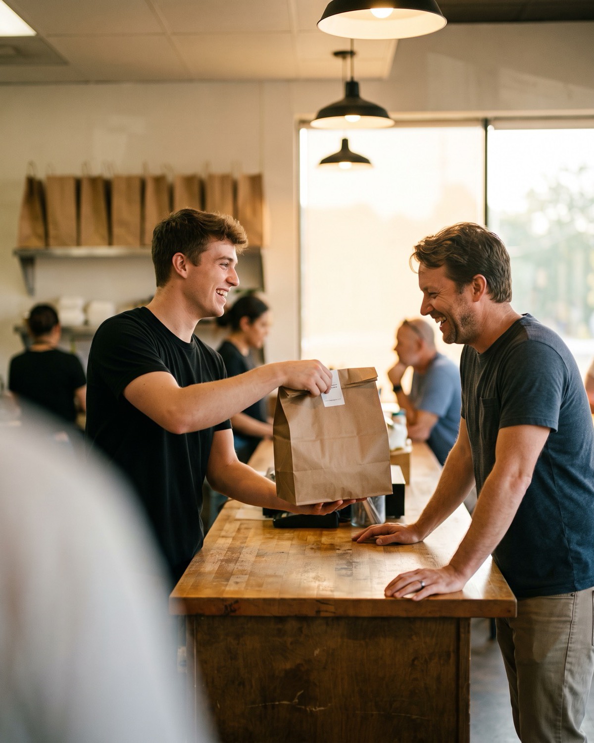 A smiling staff member handing a takeout bag across the pickup counter to a happy customer