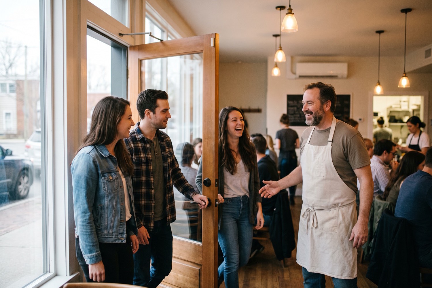 A group of friends walking into a small restaurant at dinner time while the host greets them