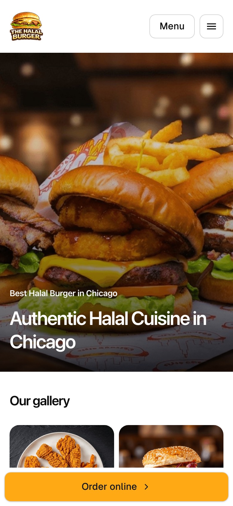 The Halal Burger Chicago mobile website built with Menuline, showing the menu and order online button