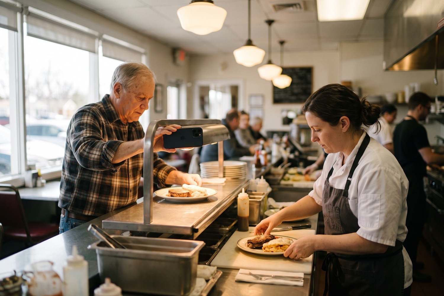 A restaurant owner photographing a freshly plated dish at the pass while a cook plates the next one