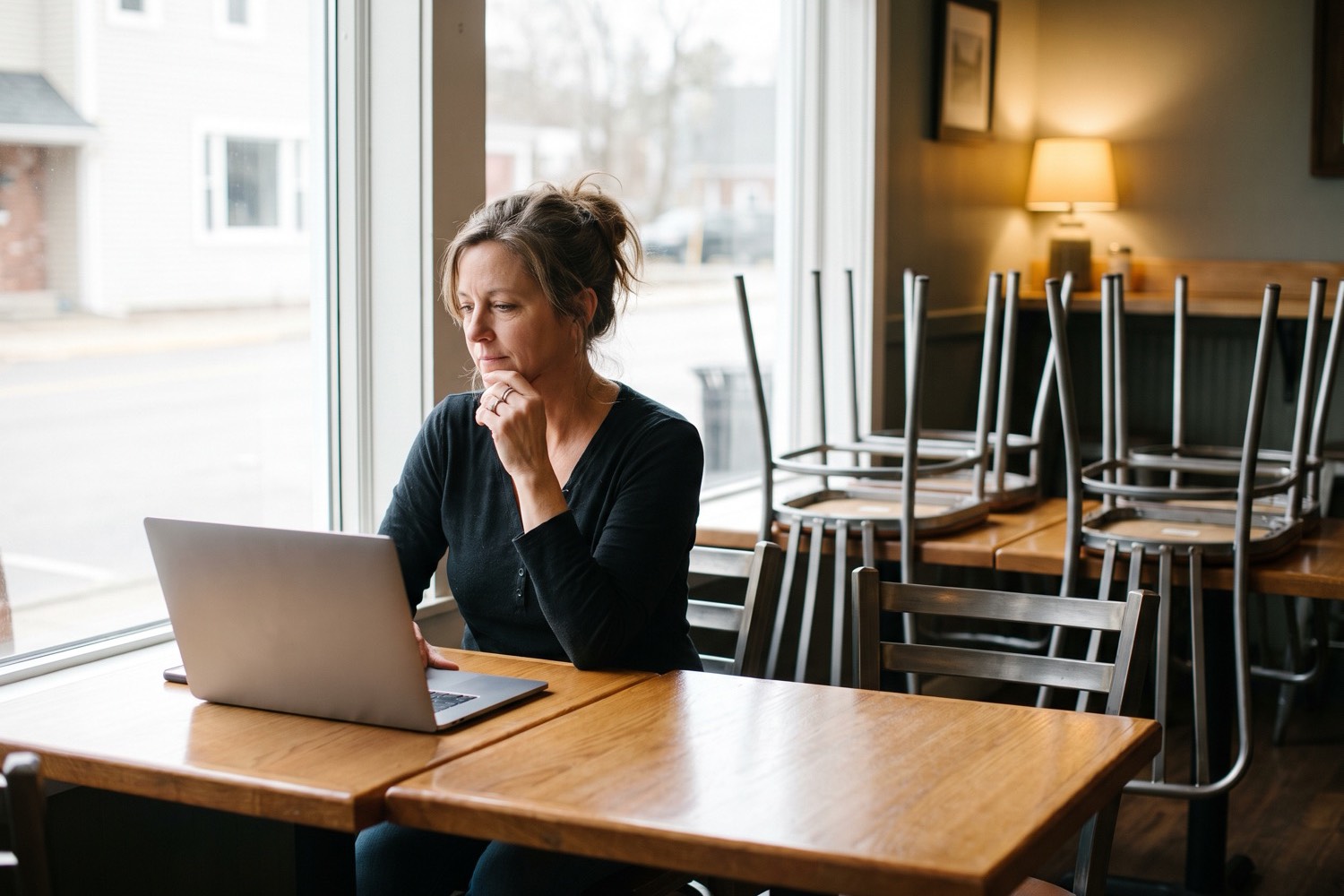 A restaurant owner alone in her dining room before opening, reading her laptop with chairs still upturned on tables