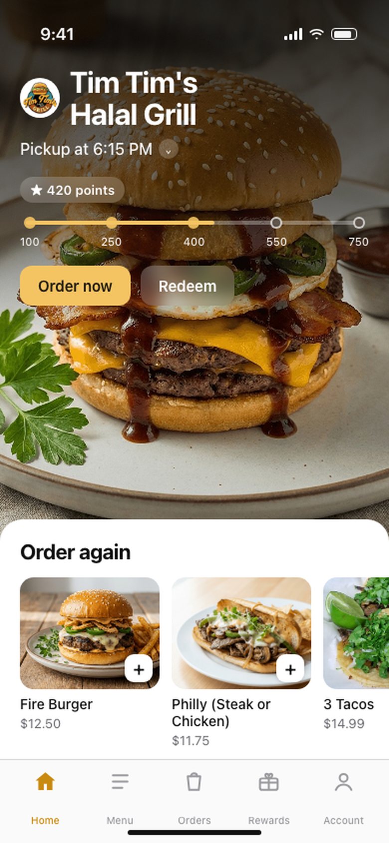 Tim Tim's Halal Grill app home screen with pickup time, a points progress bar, Order now and Redeem buttons, and an Order again row