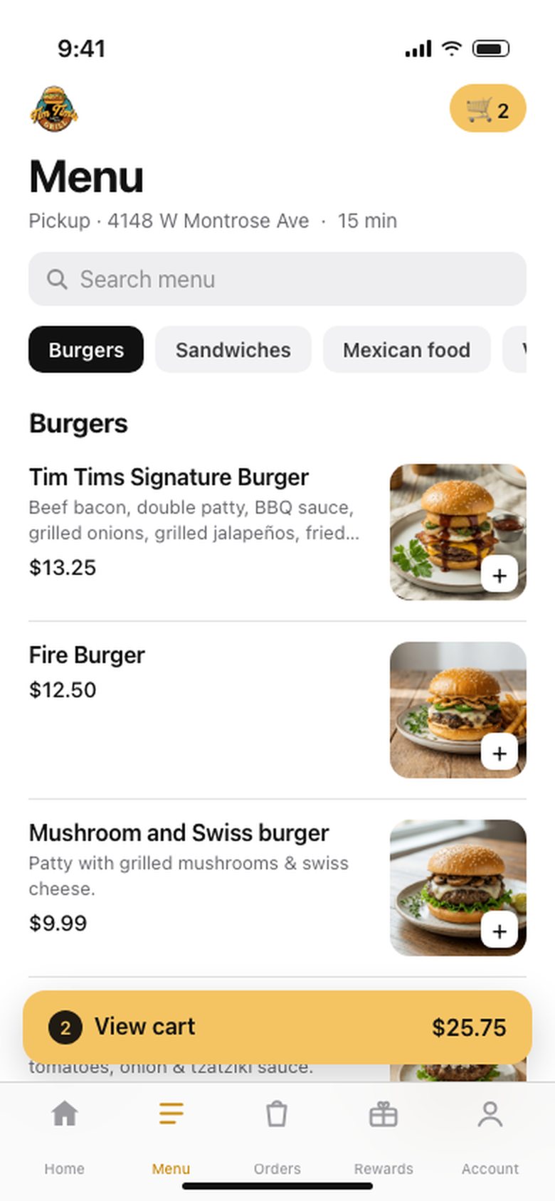 Tim Tim's Halal Grill iPhone app menu with burgers, photos, prices and a View cart button