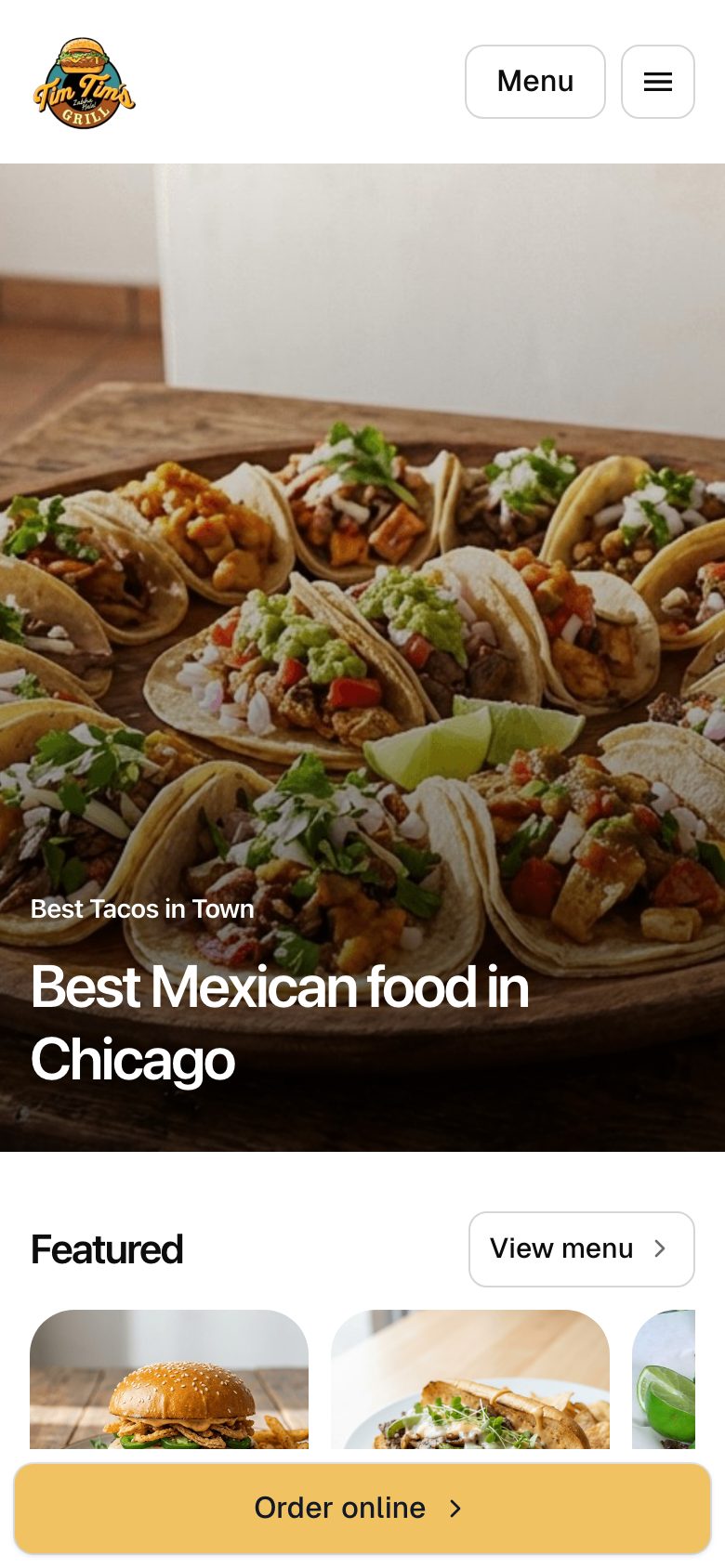The homepage of a Menuline restaurant website on a phone, with a full-width food photo and an Order online button