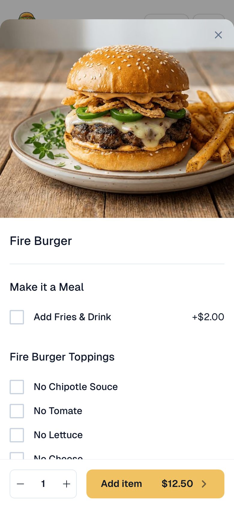 A burger on a Menuline online menu with a large photo, meal and topping options and an Add item button