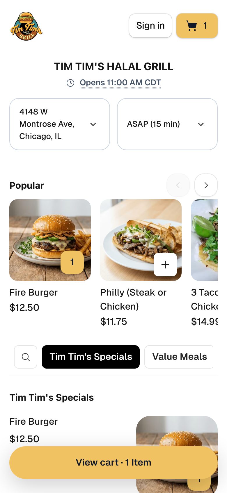 A Menuline ordering page on a phone with pickup location, ASAP pickup time, popular items and a View cart button