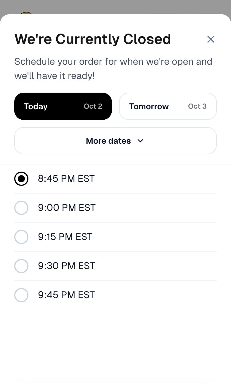 Menuline storefront pickup scheduler with Today and Tomorrow and 15-minute pickup times