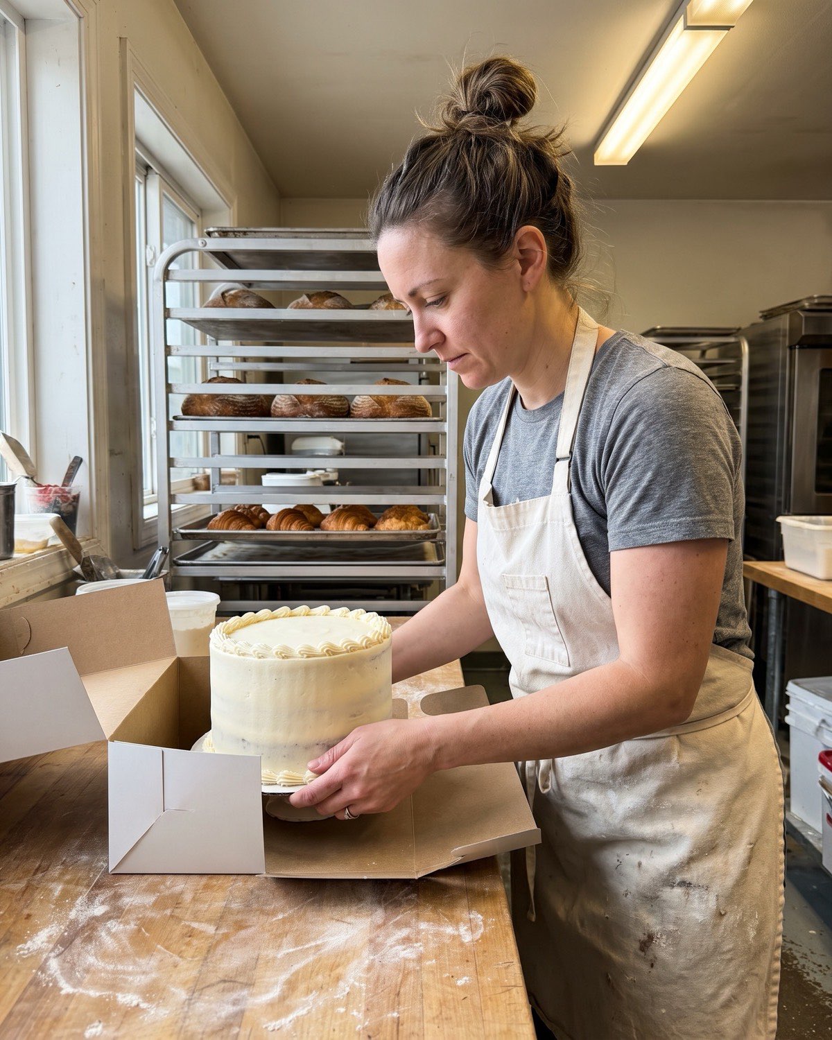 A baker sets a frosted layer cake into a white cake box on a floury workbench, bread racks behind her
