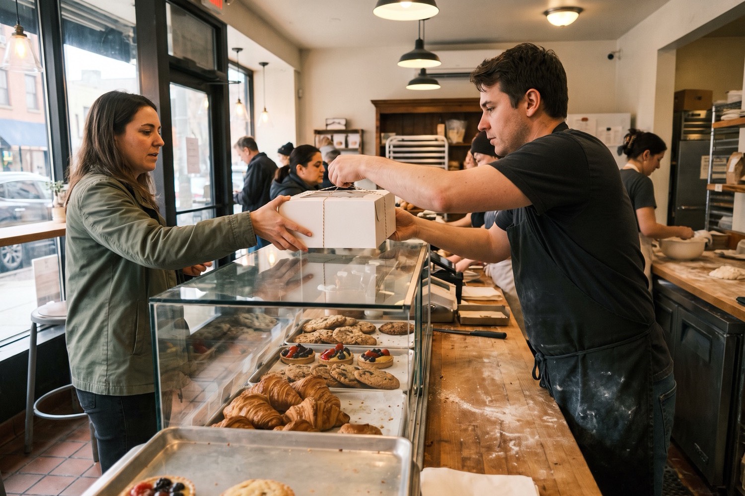 A bakery employee hands a twine-tied cake box over the display case to a customer picking up a pre-order