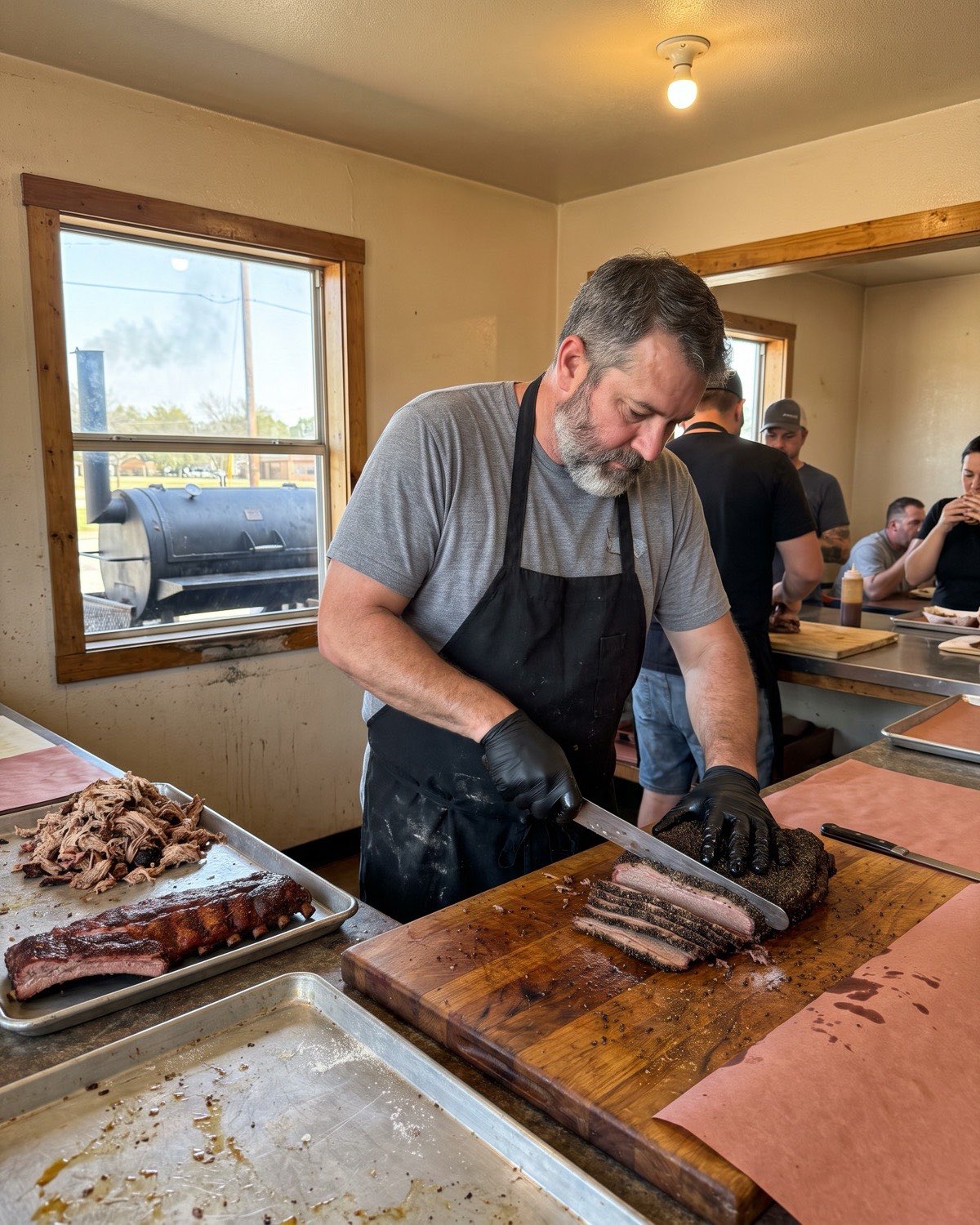 A pitmaster slices a smoked brisket with a dark bark on a wooden board, with an offset smoker outside the window