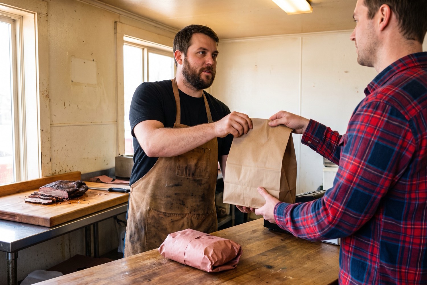 A BBQ joint employee hands a paper bag across the counter to a customer picking up a pre-order, next to a butcher-paper bundle