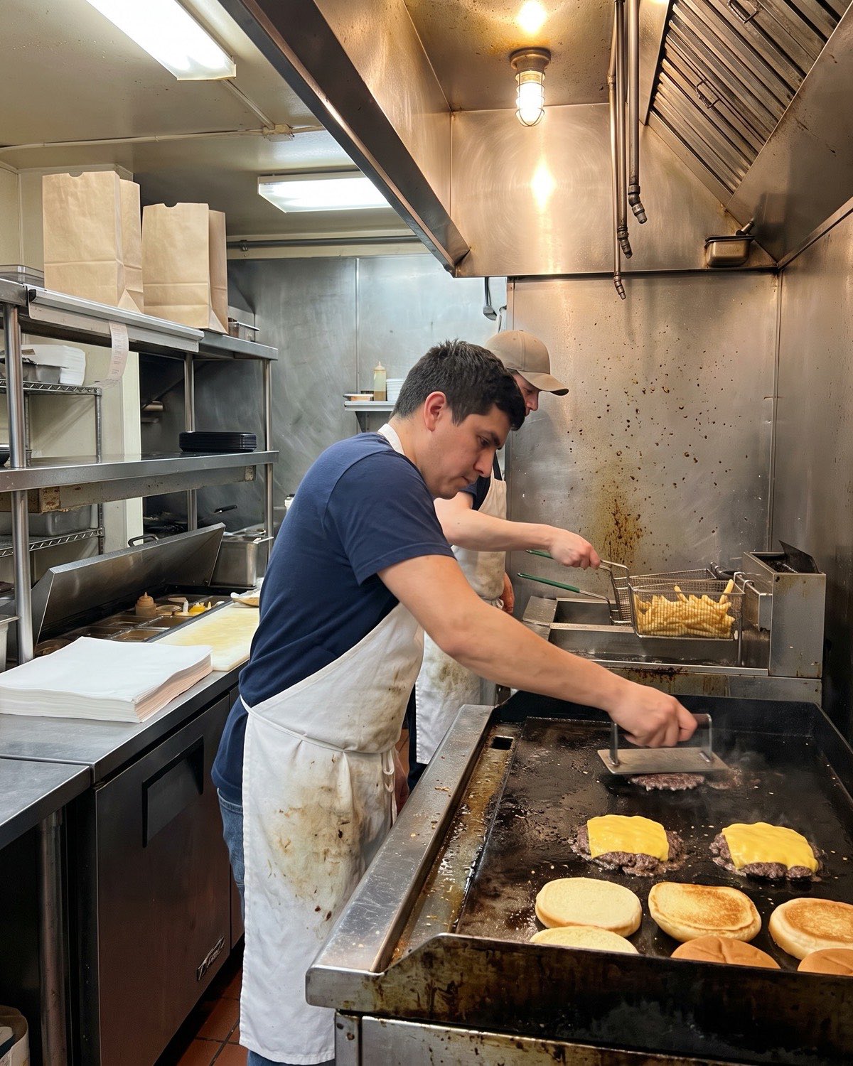 A cook smashes burger patties on a flat-top griddle next to melting cheese and toasting buns
