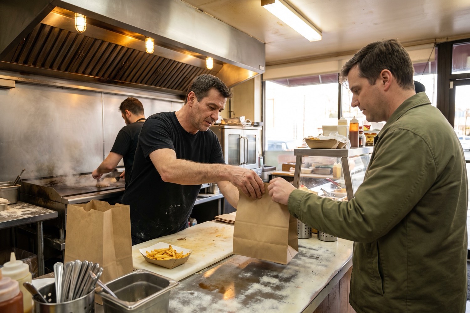 A burger joint employee hands a kraft takeout bag across the counter to a customer picking up an order