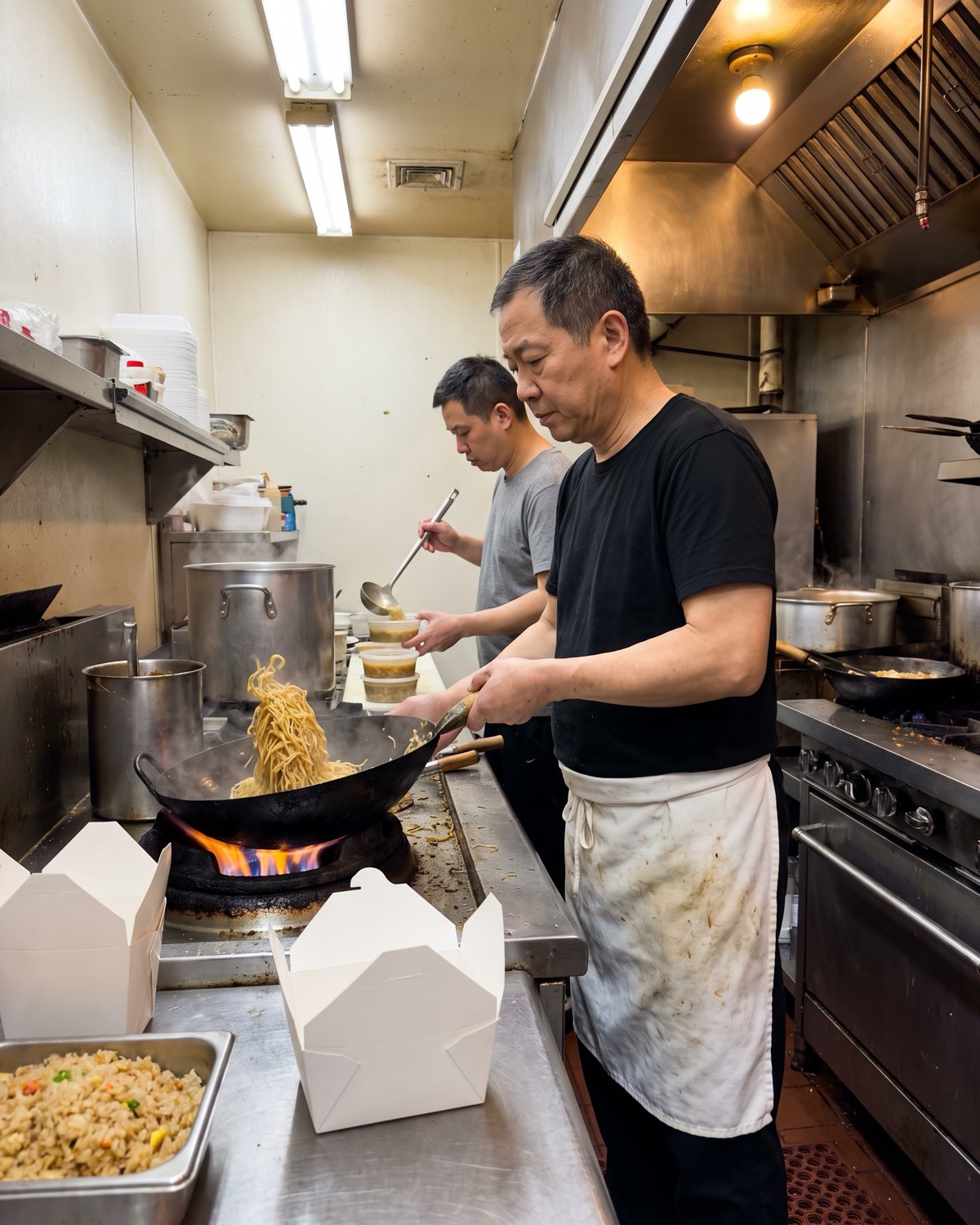 A cook tosses lo mein in a wok over a high flame next to takeout boxes and a tray of fried rice