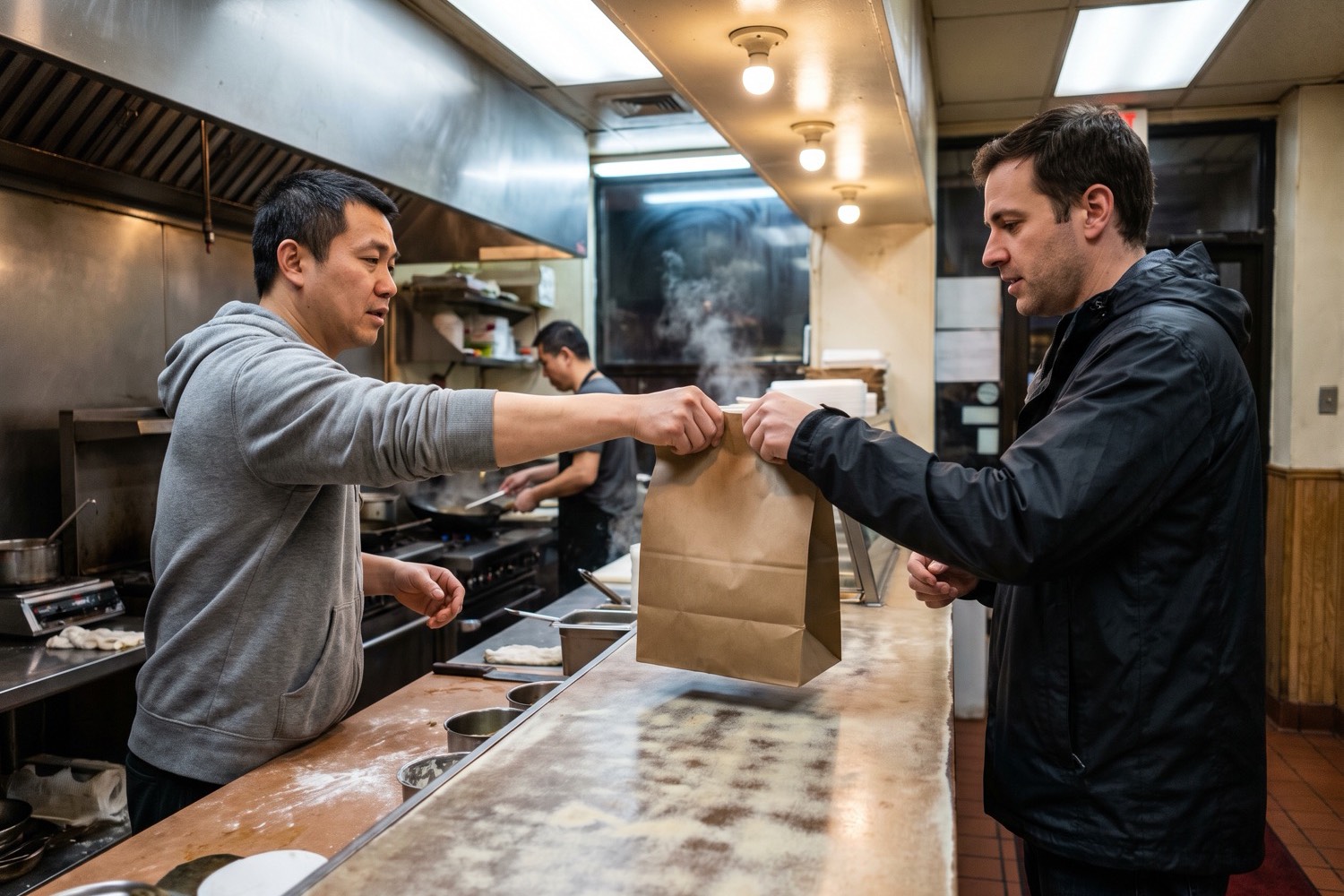An employee at a Chinese takeout counter hands a paper bag to a customer picking up an order