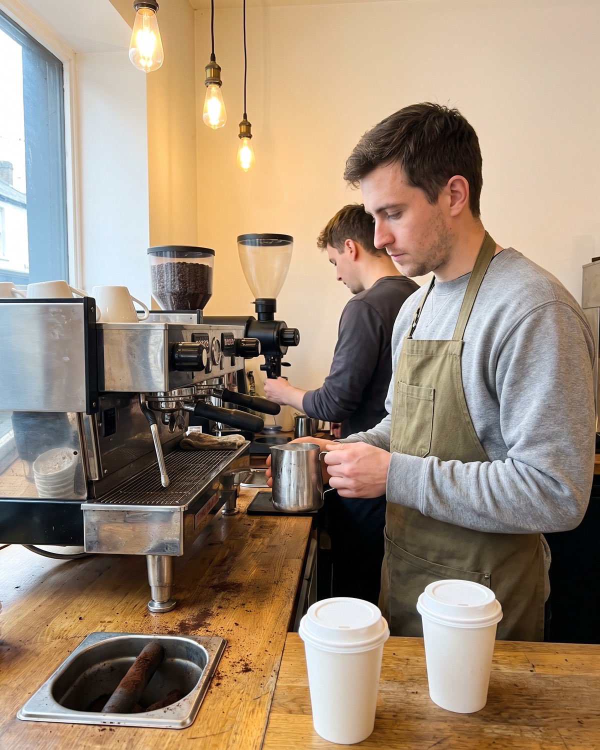 A barista steams milk at the espresso machine of a small coffee shop during the morning rush