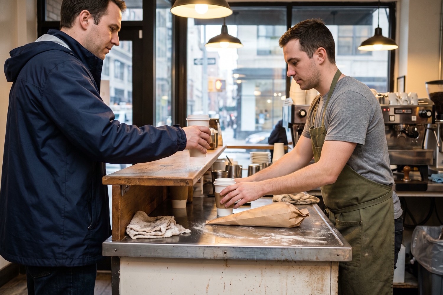 A customer picks up a lidded to-go cup at a coffee shop counter while the barista sets down the next order