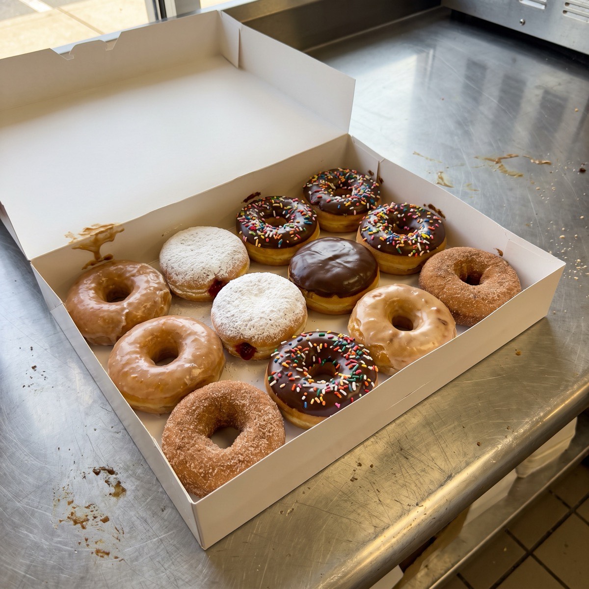 An open box of a mixed dozen donuts: glazed, sprinkled, jelly, Boston cream and maple