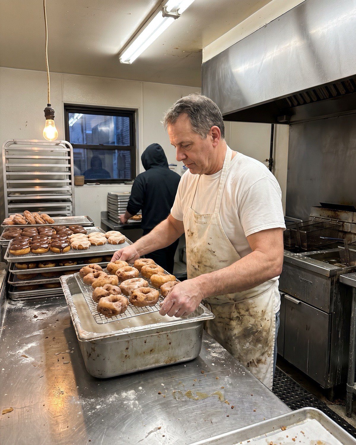 A baker dips fresh yeast donuts in glaze before sunrise, with trays of donuts cooling beside him