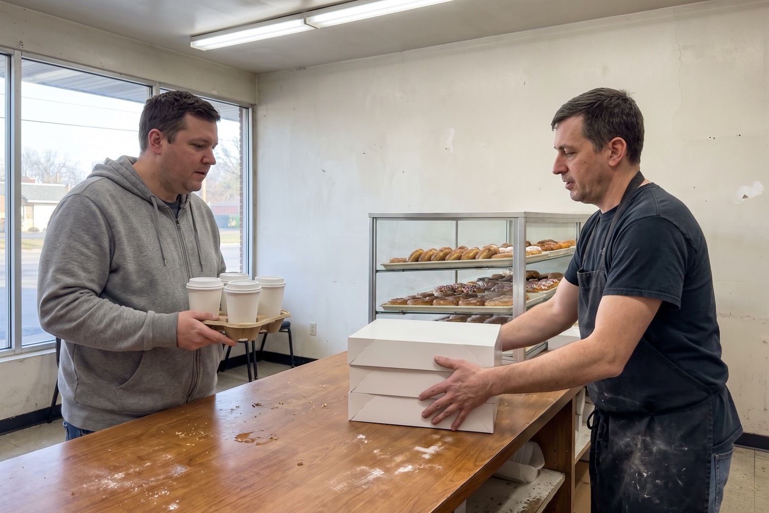 A donut shop employee slides three donut boxes across the counter to a customer holding a coffee carrier