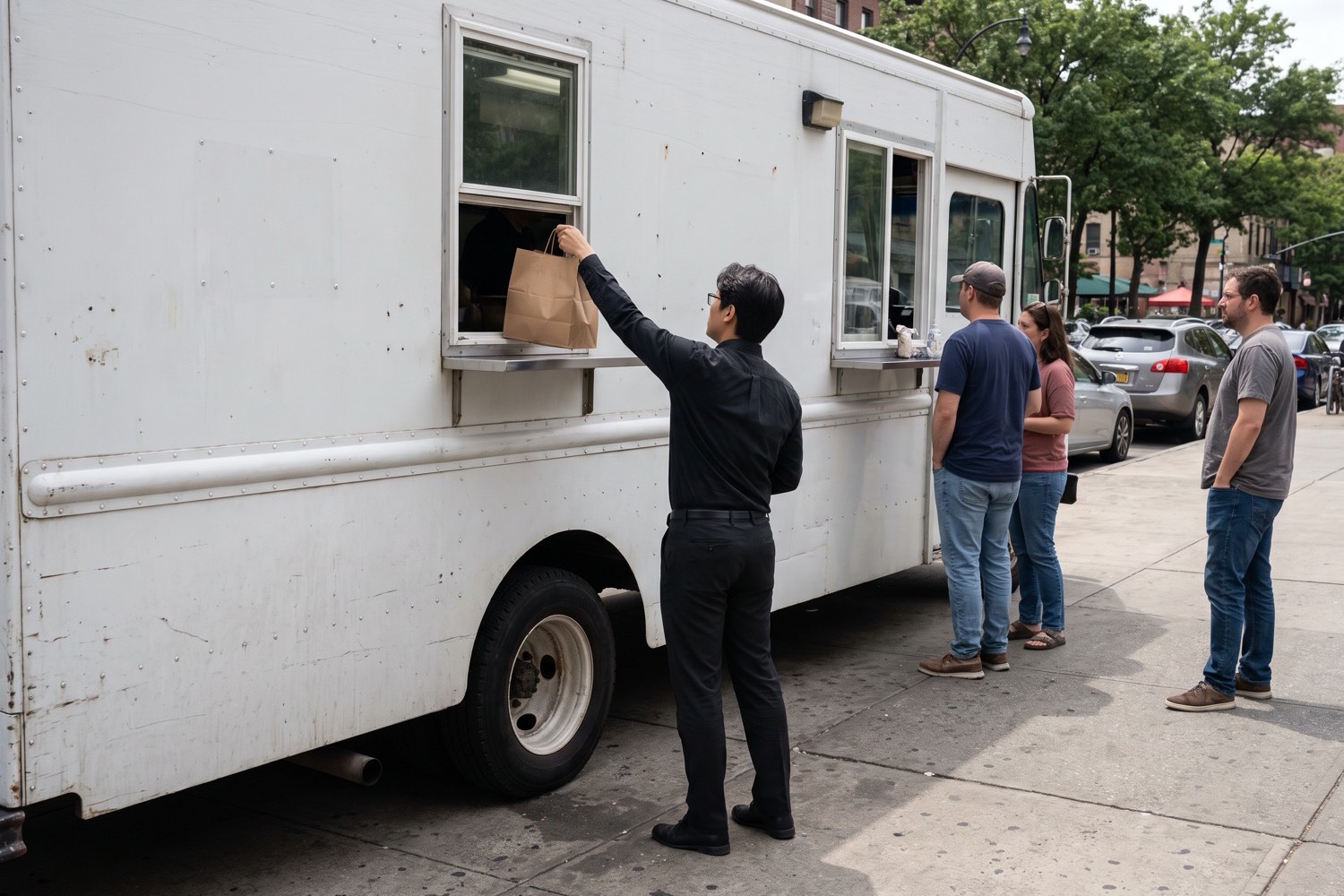 A customer picks up a paper takeout bag at a food truck window while others wait in line