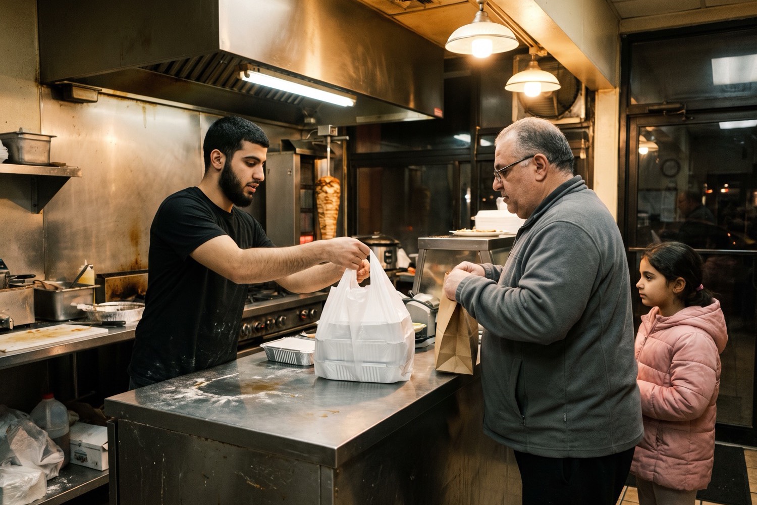 A halal grill employee hands a bag of takeout trays to a father picking up a family order with his daughter