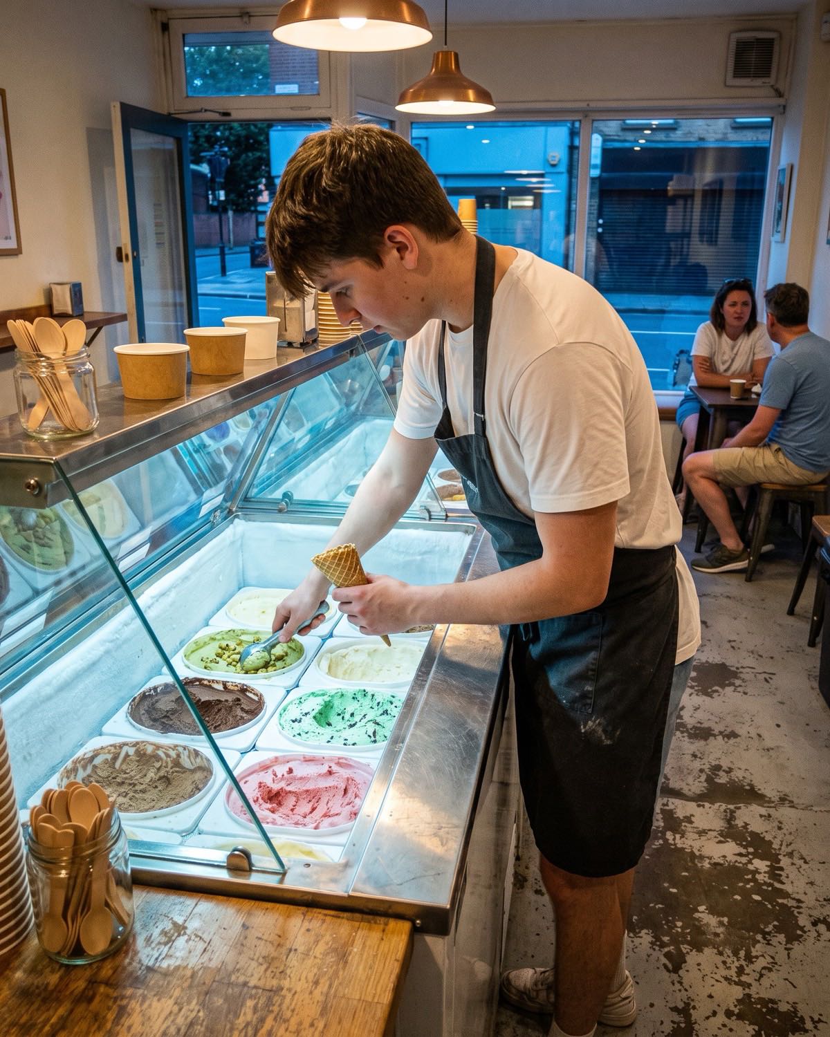 A scooper at a neighborhood ice cream shop scoops pistachio from the dipping cabinet into a waffle cone