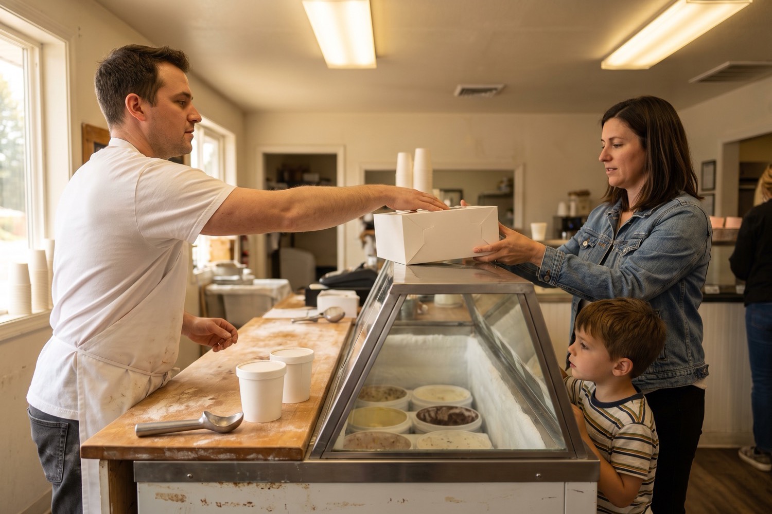 An ice cream shop employee hands a cake box across the counter to a mother picking up an order with her son