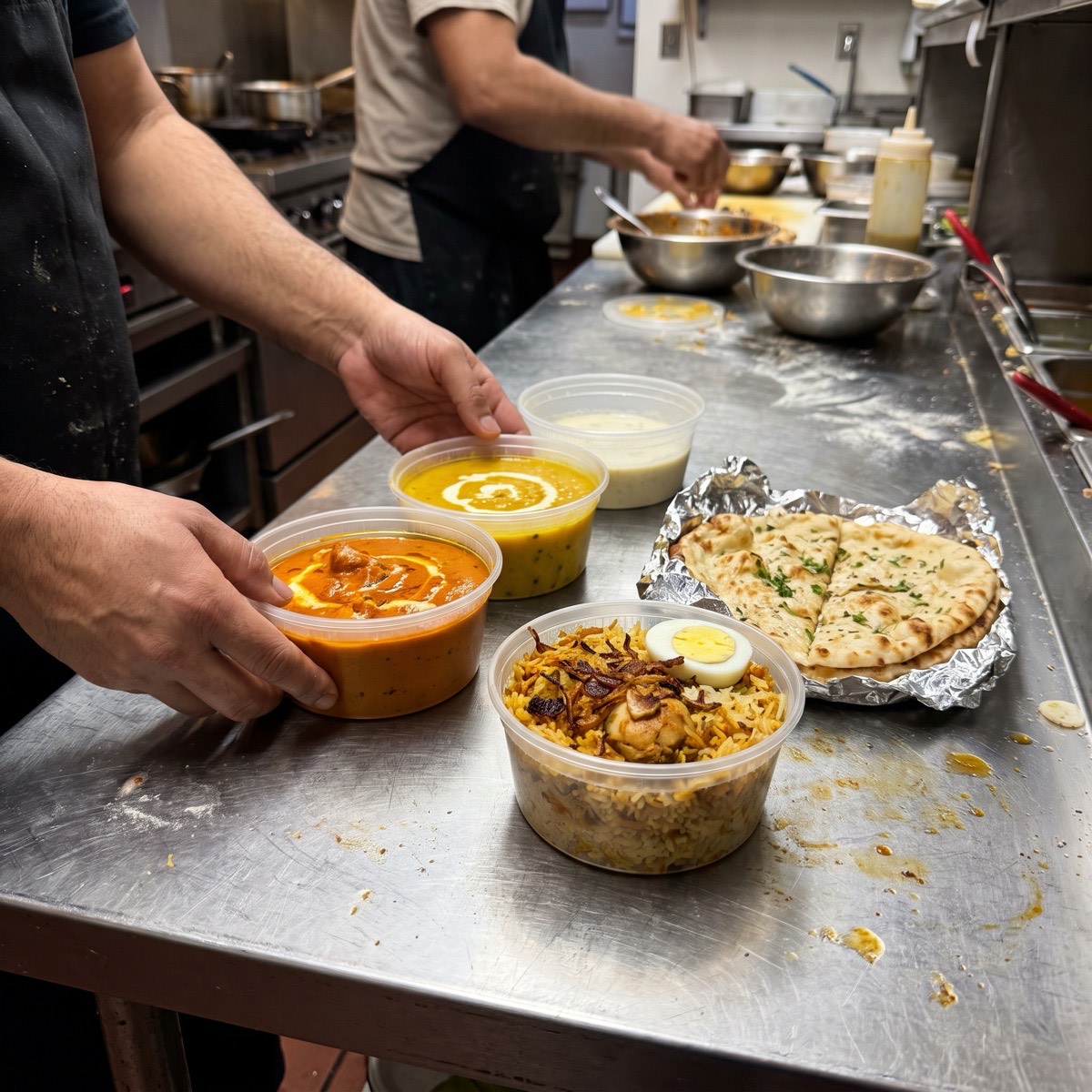 An Indian takeout order of butter chicken, dal, chicken biryani and garlic naan on a steel counter