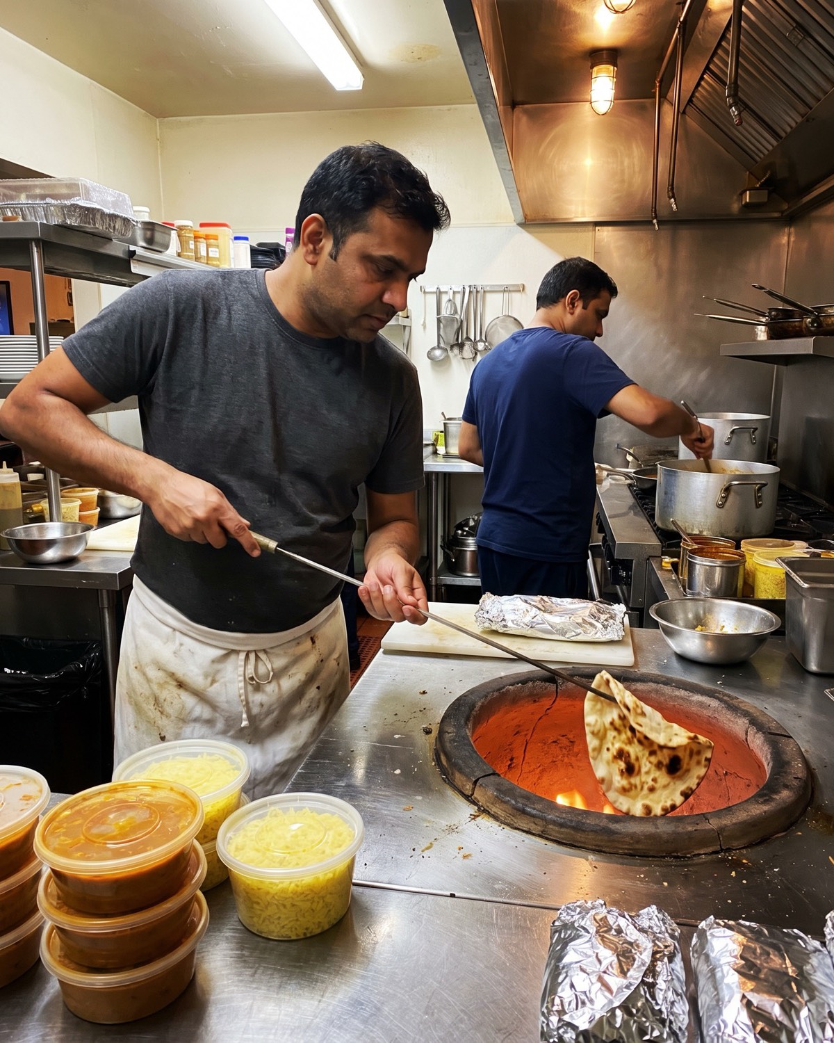 A cook lifts fresh naan from a clay tandoor while containers of butter chicken and rice wait for pickup