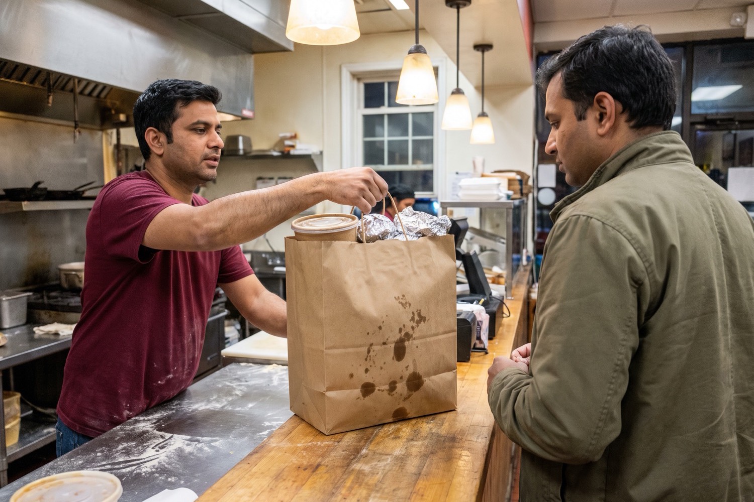 An employee at an Indian restaurant hands a full takeout bag with foil-wrapped naan to a customer