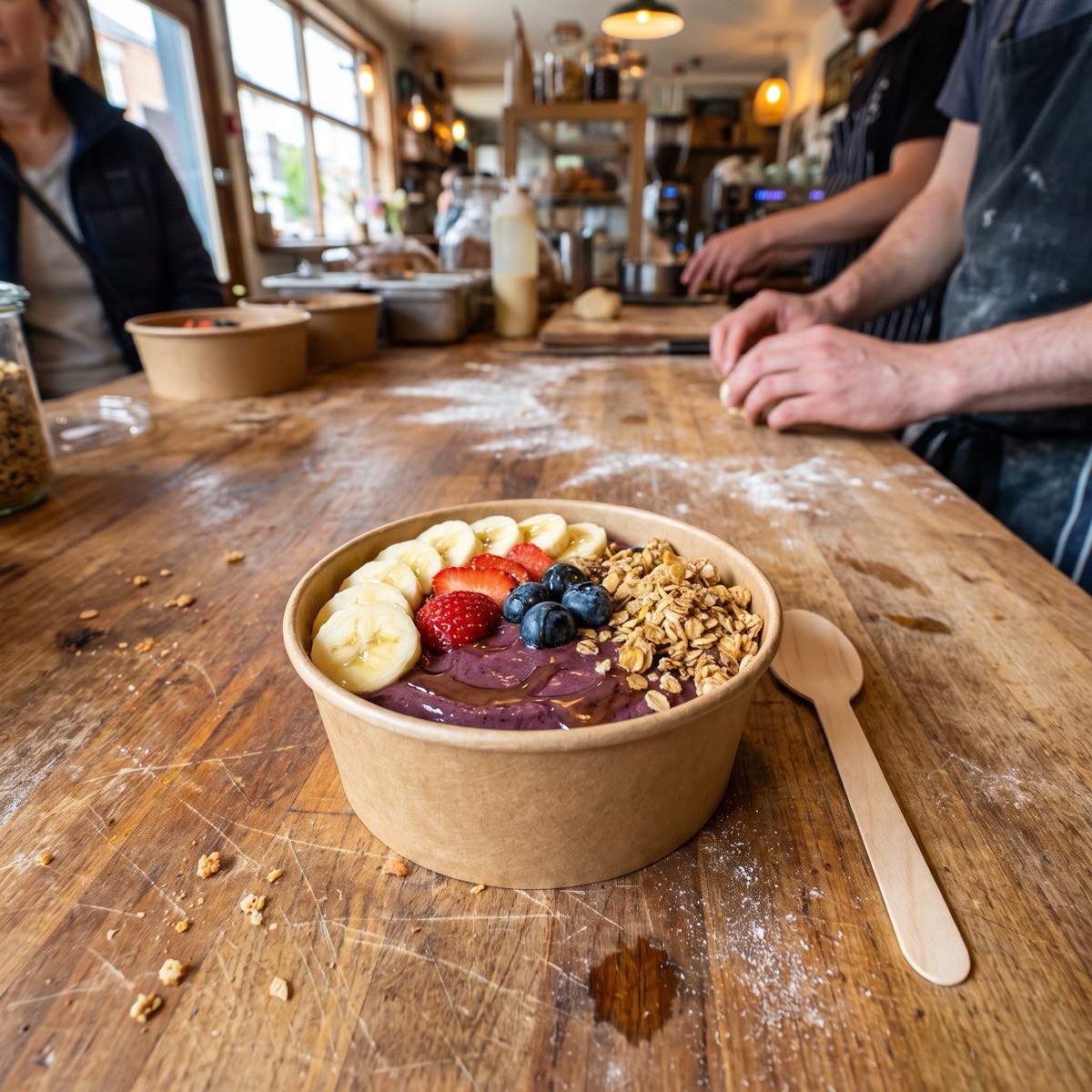 An acai bowl topped with banana, strawberries, blueberries and granola